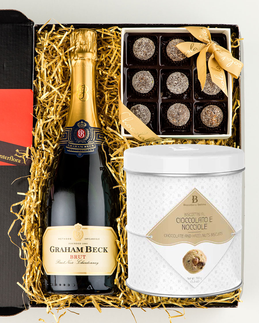 Graham Beck Brut sparkling wine, champagne chocolates and gourmet cookies