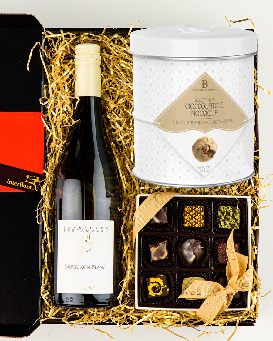 Loire Valley Sauvignon Blanc white wine, chocolates and gourmet cookies