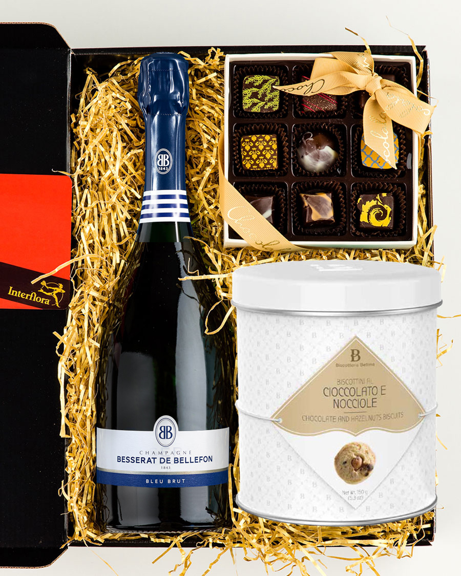 Besserat de Bellefon Brut champagne, chocolates and gourmet cookies